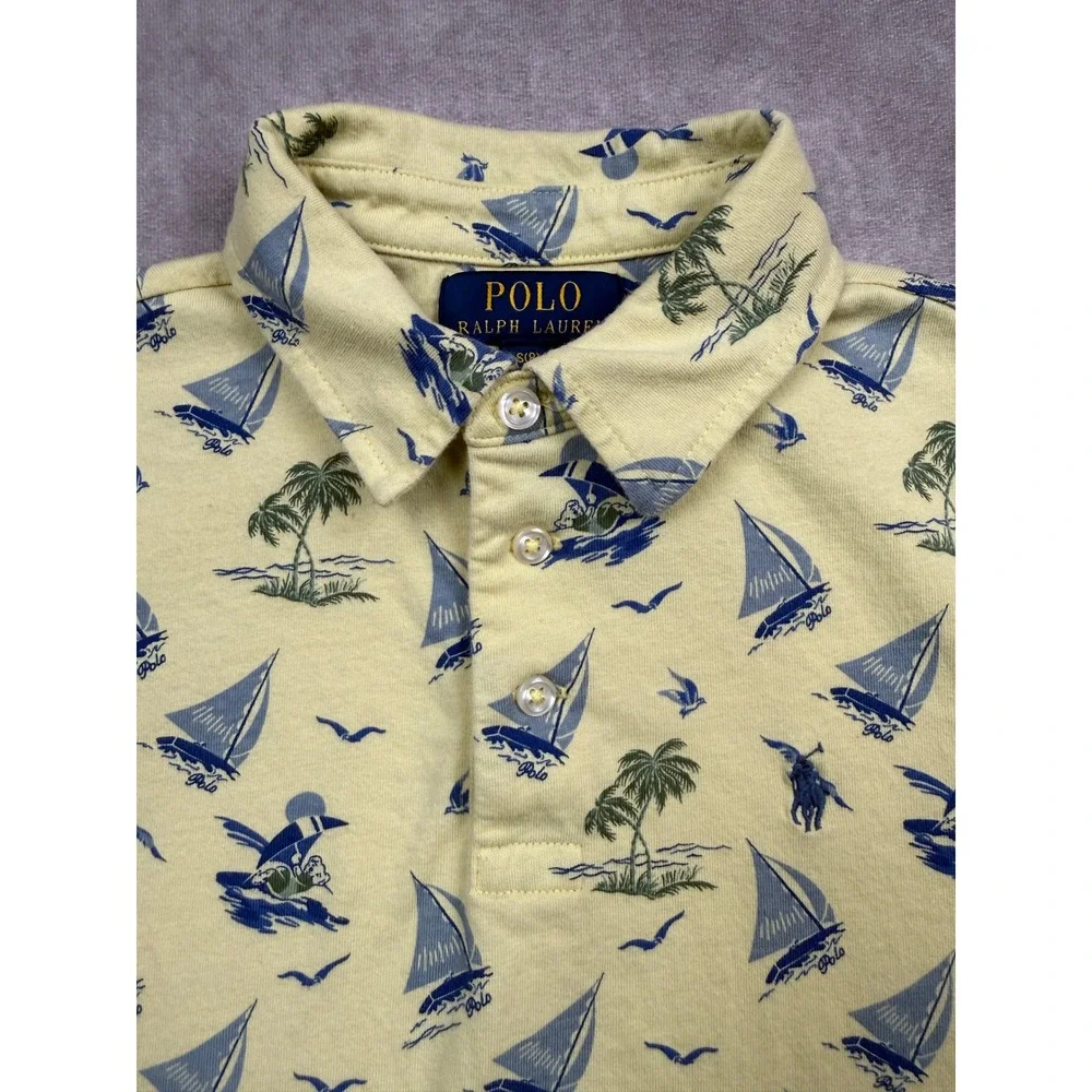 Polo Ralph Lauren Kids Yellow Nautical Sailboat Palm Tree Polo Shirt Size S 8